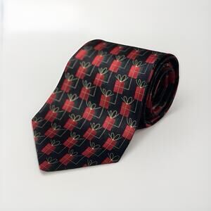Holidays by MMG Men’s Silk Tie Christmas Red Gift Present Pattern Black